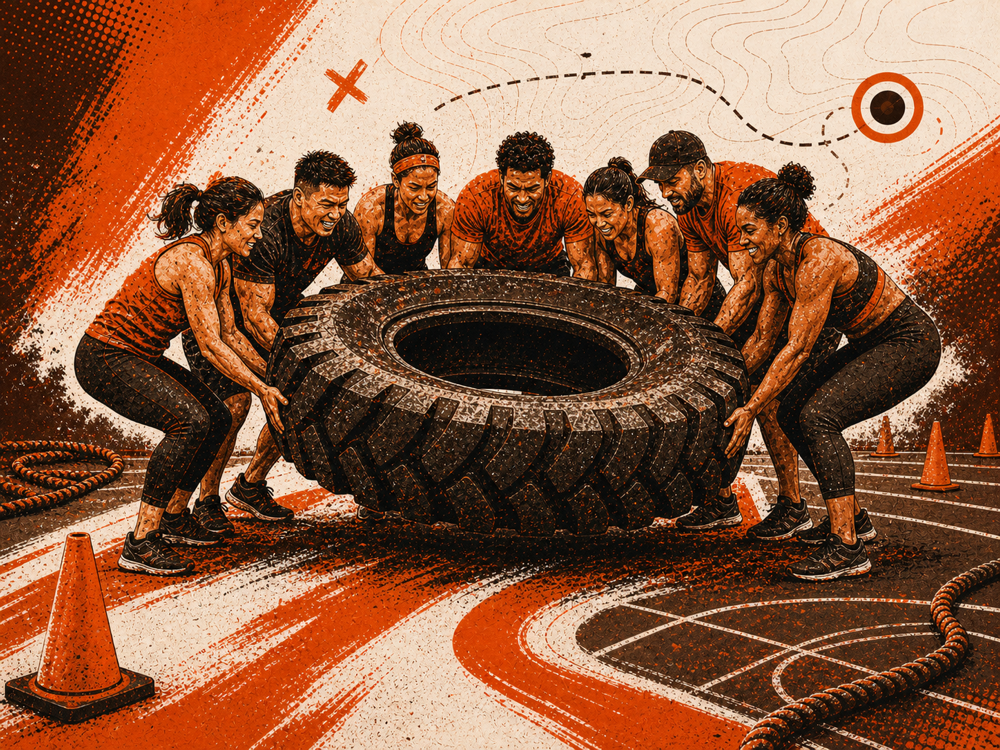Rebel Bootcamp members working together to carry a large training tyre